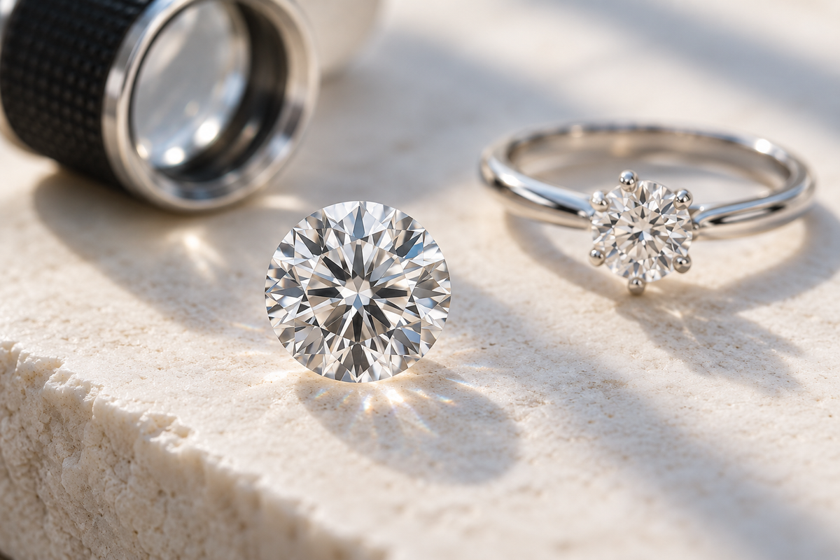 Illustratives Motiv: Diamant, Solitärring und Juwelierlupe